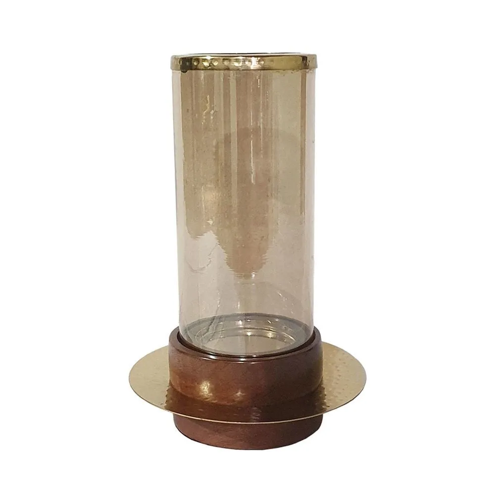 11 Inch Glass Hurricane Candle Holder, Acacia Wood, Small, Gold FInish By Casagear Home