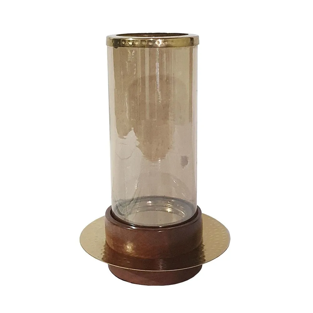 11 Inch Glass Hurricane Candle Holder, Acacia Wood, Small, Gold FInish By Casagear Home