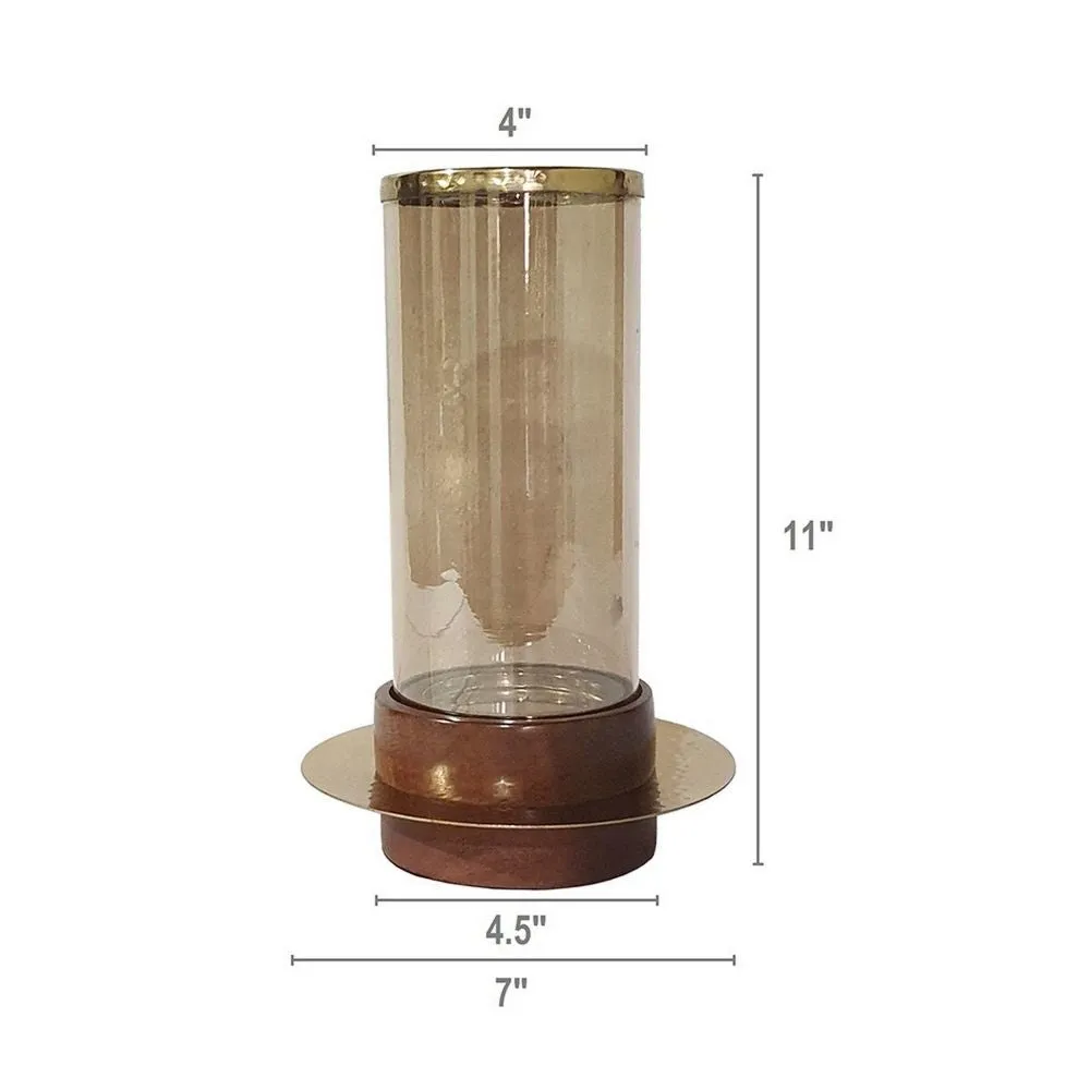 11 Inch Glass Hurricane Candle Holder, Acacia Wood, Small, Gold FInish By Casagear Home