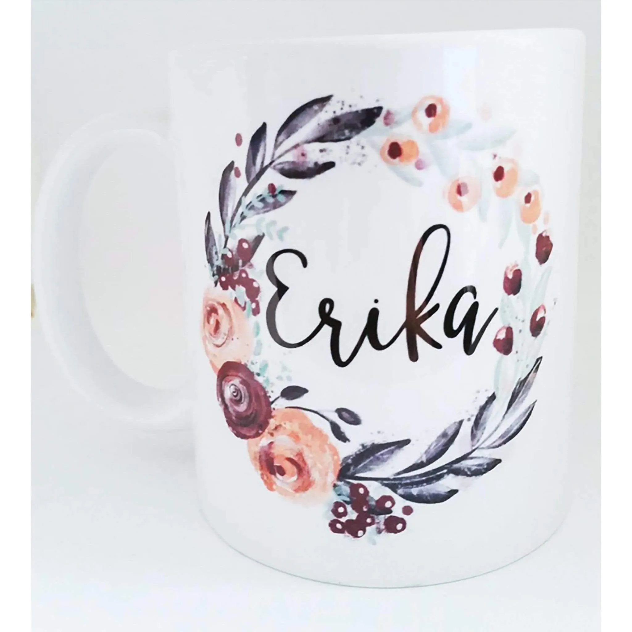 11 oz or 15 oz Personalized coffee mug with name inside floral wreath