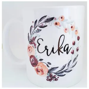 11 oz or 15 oz Personalized coffee mug with name inside floral wreath