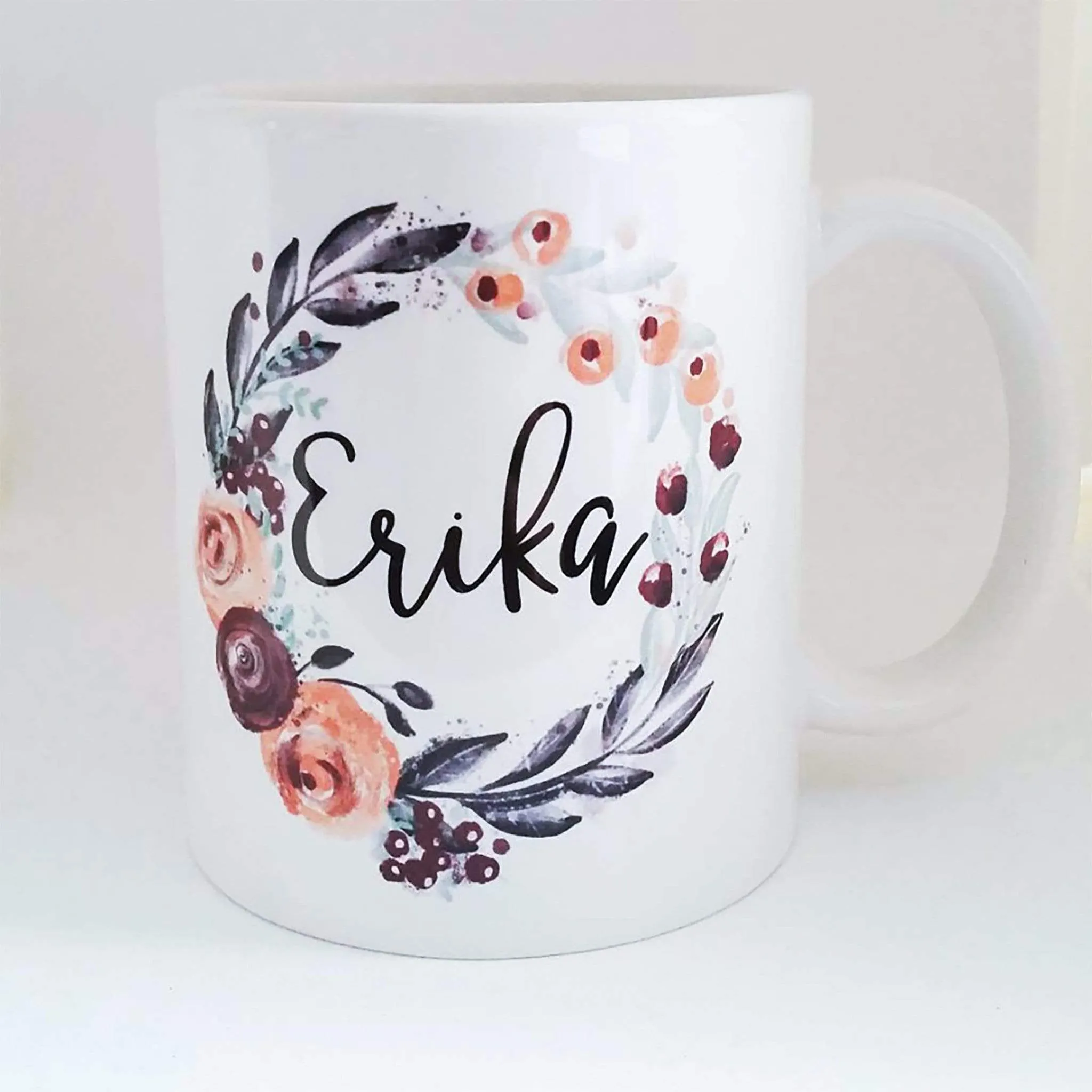 11 oz or 15 oz Personalized coffee mug with name inside floral wreath