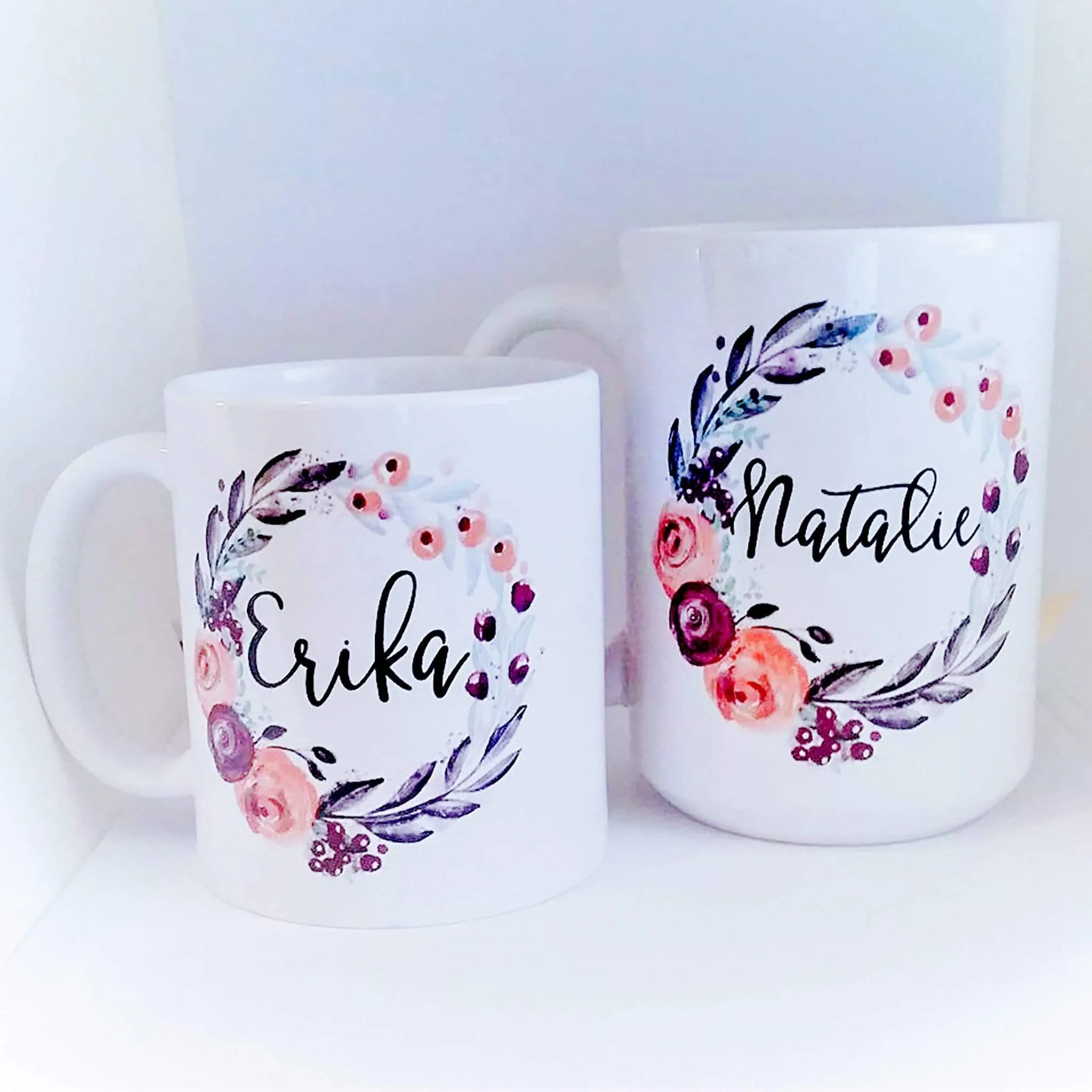 11 oz or 15 oz Personalized coffee mug with name inside floral wreath