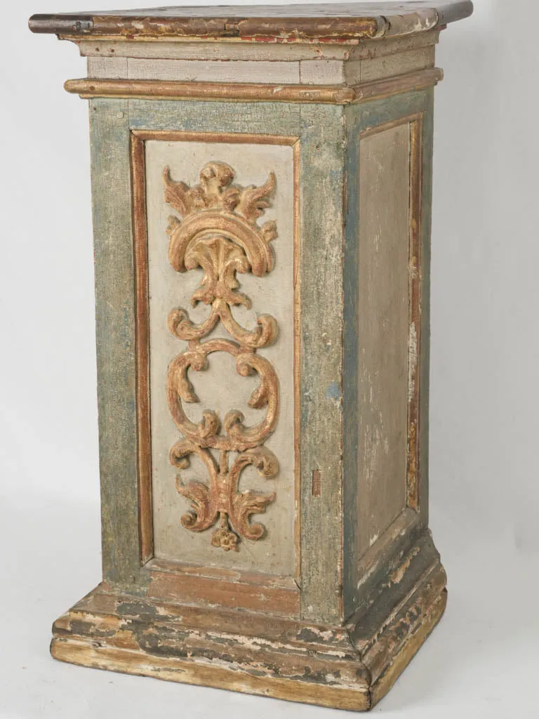 18th-Century Italian Carved Wood Pedestal w/ timeworn green & gilt patina 32¼"