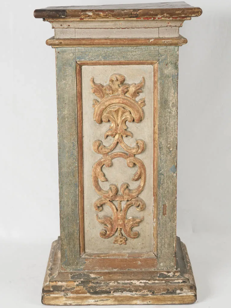 18th-Century Italian Carved Wood Pedestal w/ timeworn green & gilt patina 32¼"