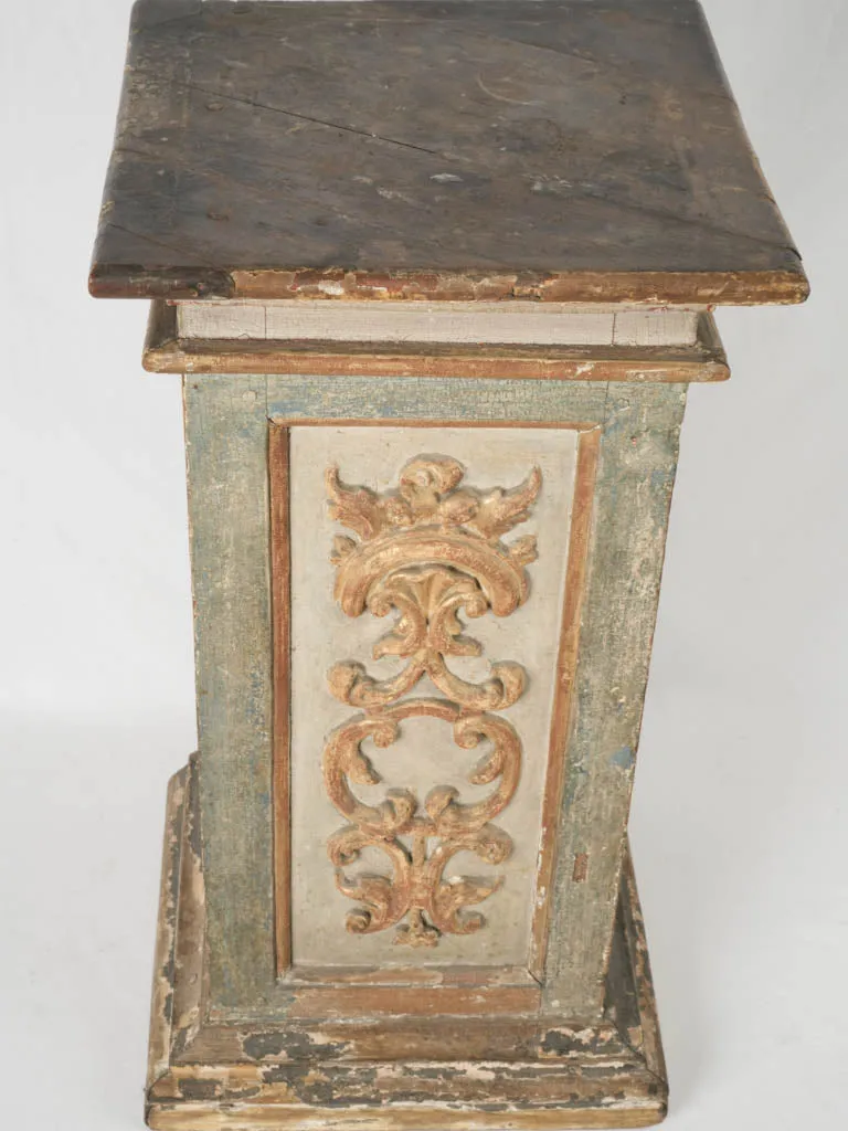 18th-Century Italian Carved Wood Pedestal w/ timeworn green & gilt patina 32¼"