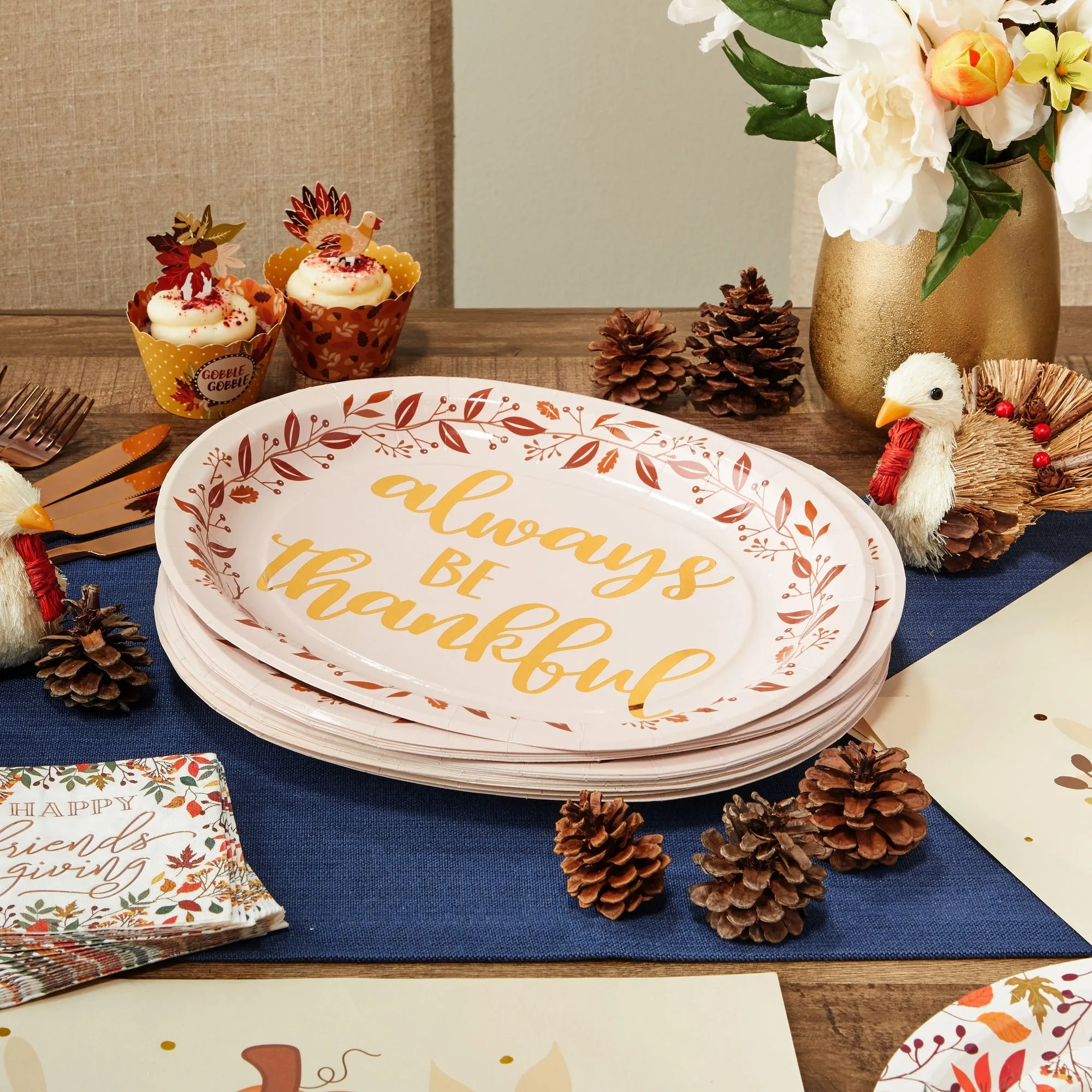 24-Pack Large Oval Thanksgiving Paper Plates, Heavy Duty Serving Plates with Fall Leaves, Pink with Gold Foil (13x11 in)