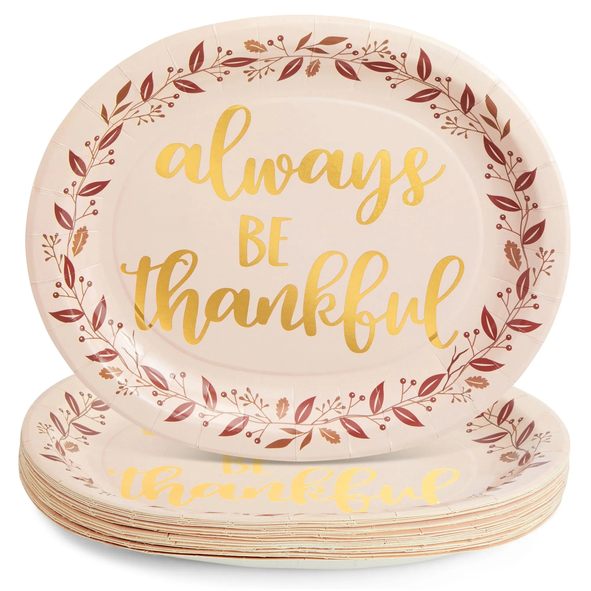 24-Pack Large Oval Thanksgiving Paper Plates, Heavy Duty Serving Plates with Fall Leaves, Pink with Gold Foil (13x11 in)