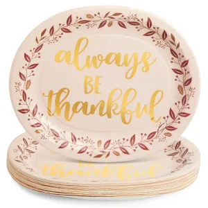 24-Pack Large Oval Thanksgiving Paper Plates, Heavy Duty Serving Plates with Fall Leaves, Pink with Gold Foil (13x11 in)