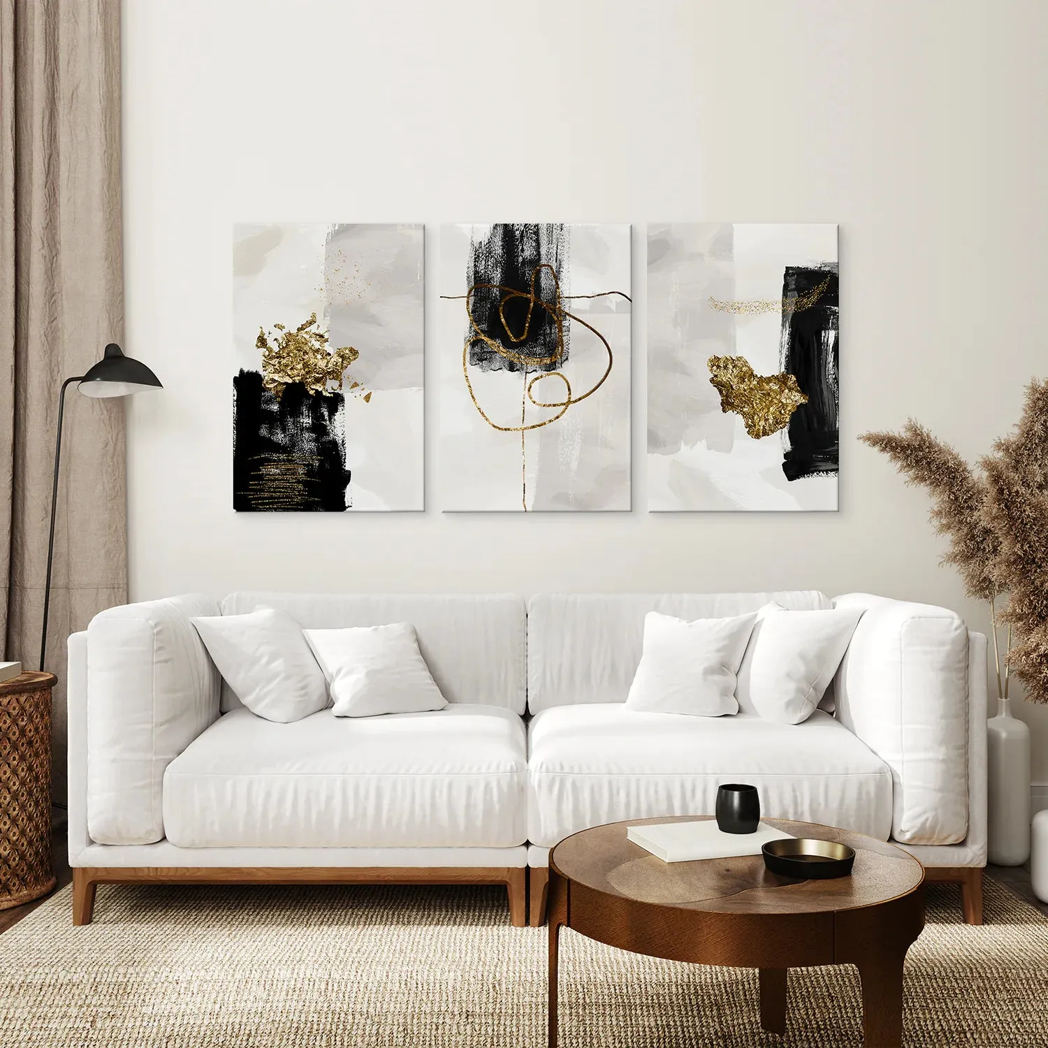 3 Piece Modern Scandinavian Wall Art Set. Black and Gold