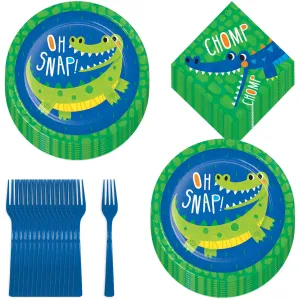 Alligator Party Supplies - Paper Dinner Plates, Beverage Napkins, and Forks (16 Plates & Napkins)