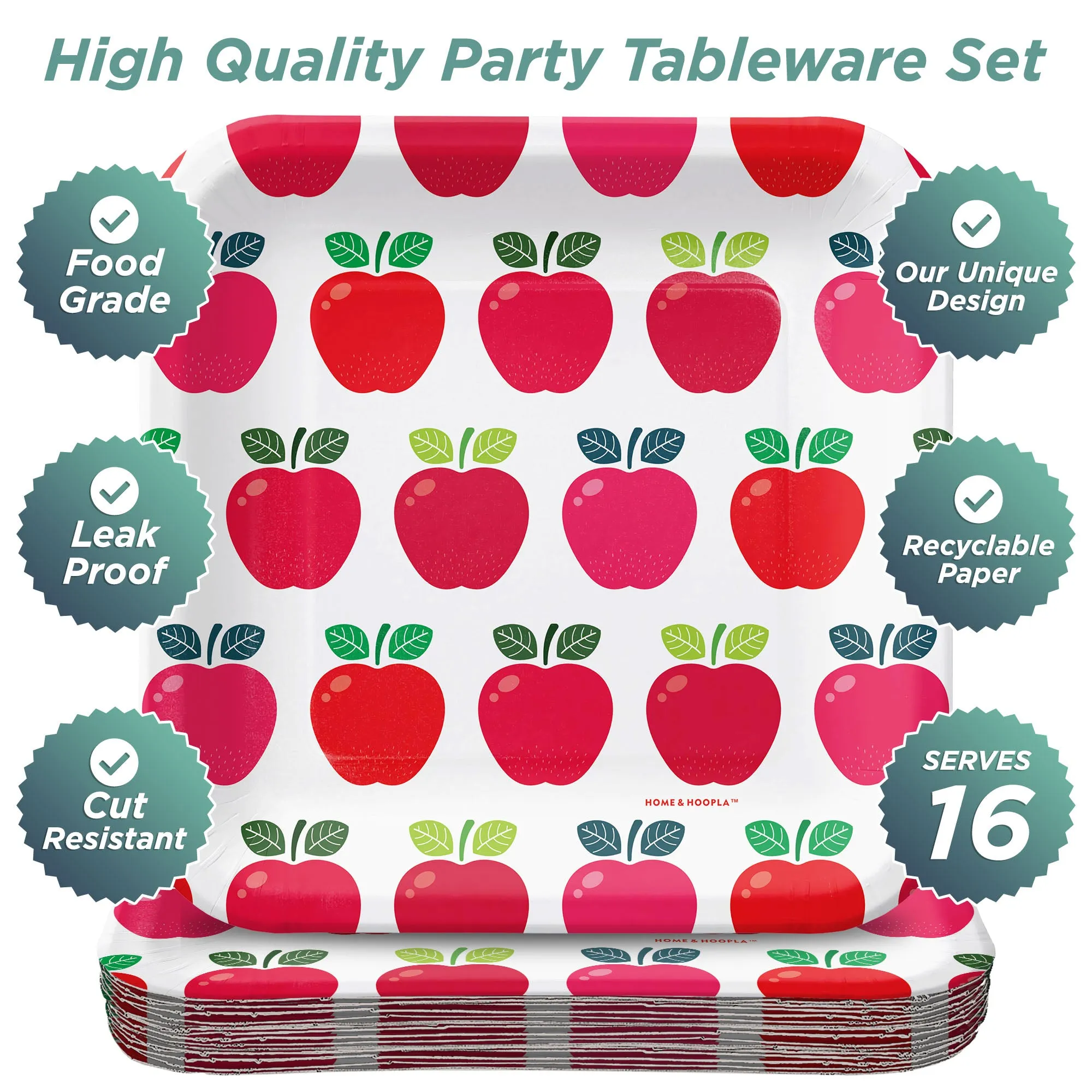 Apple Party Supplies - Apple Variety Square Paper Dessert Plates for 16 Guests