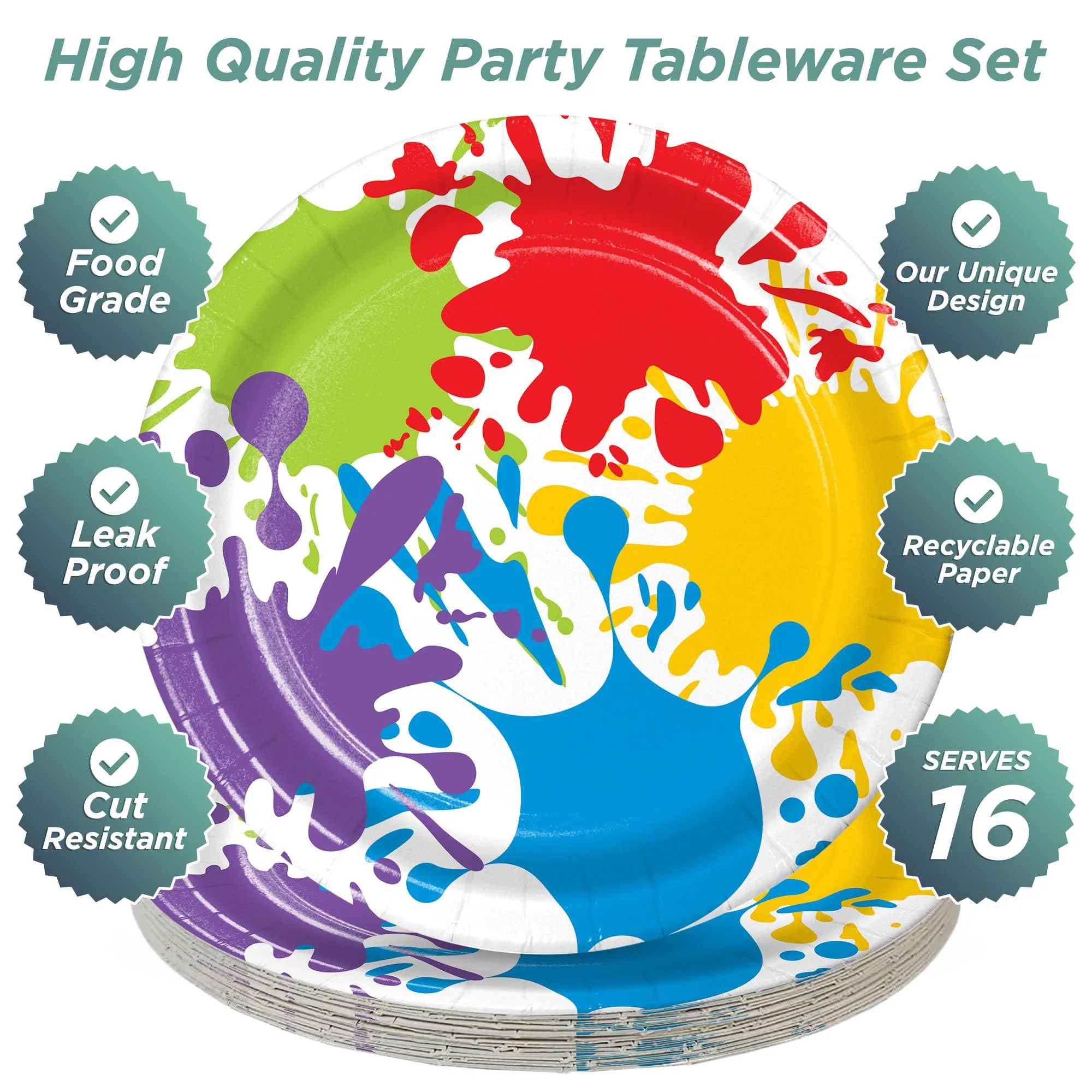 Artist Party Supplies - Paint Splatter Round Paper Dessert Plates for 16 Guests