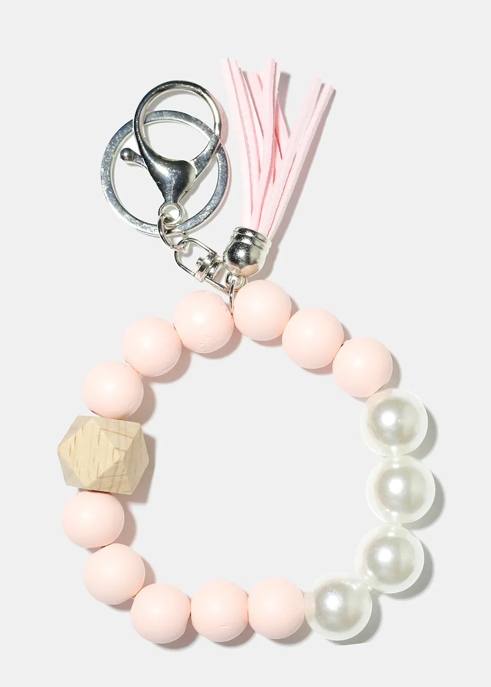 Bead and Pearl Wood Keychain Bracelet