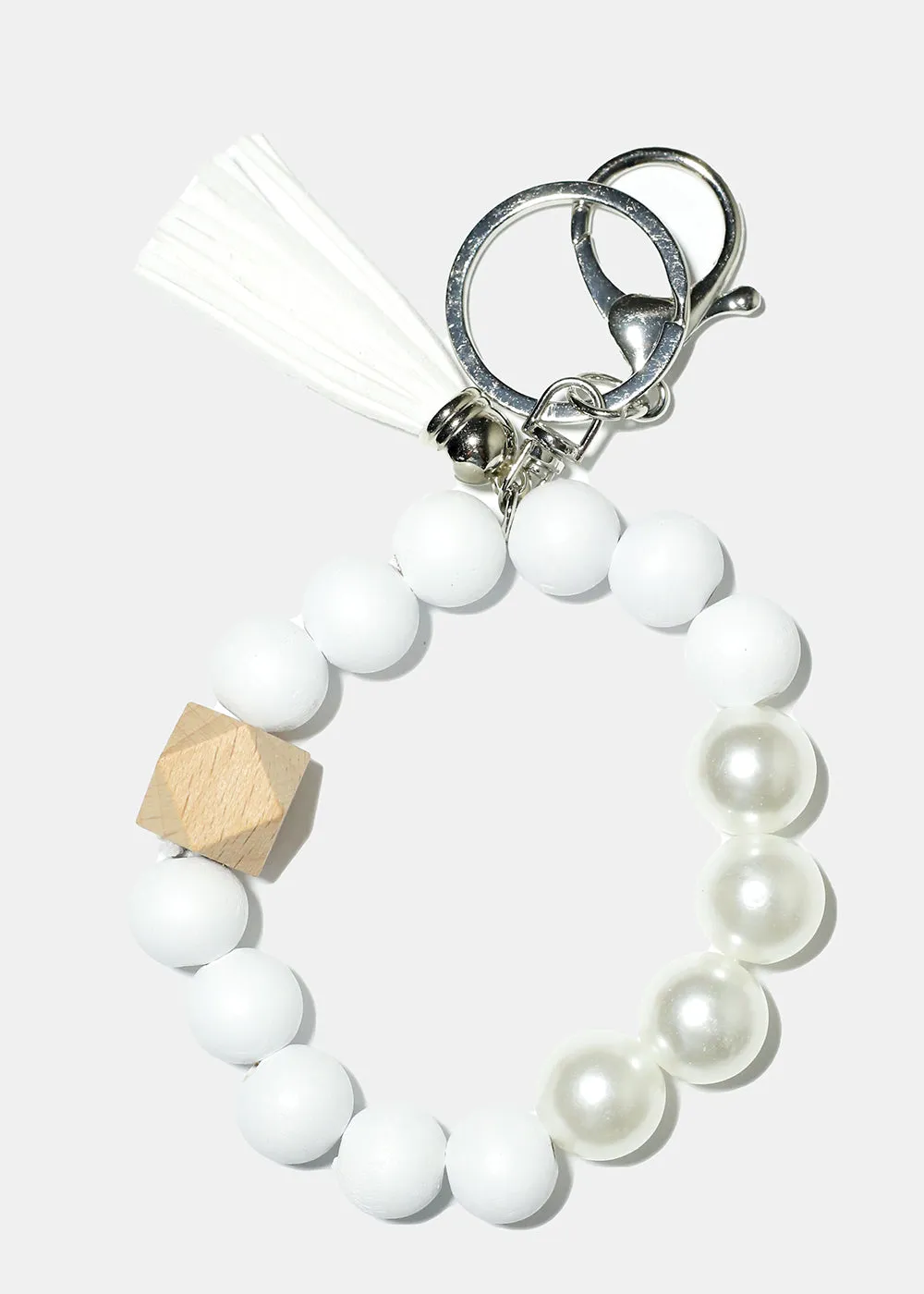 Bead and Pearl Wood Keychain Bracelet