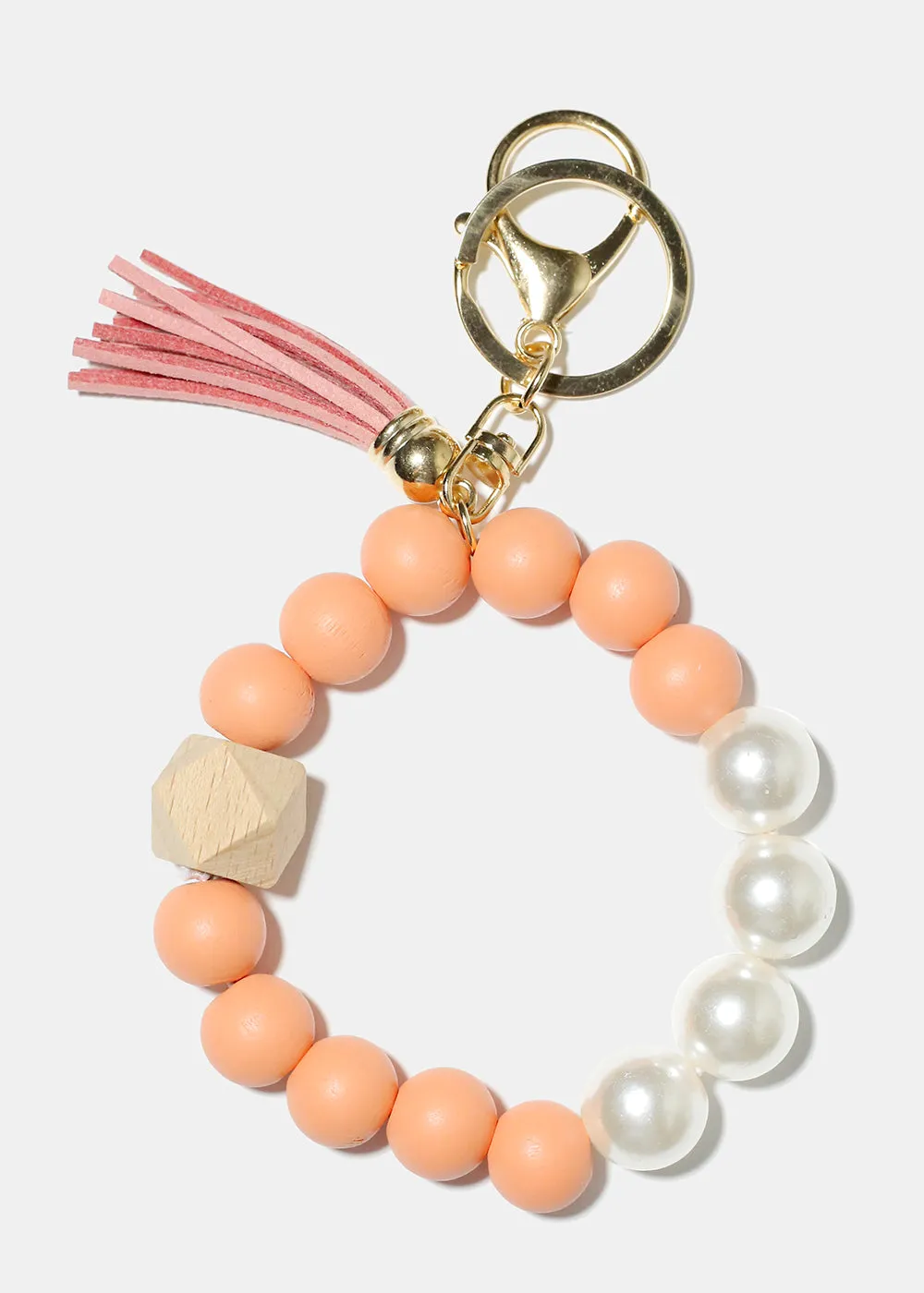 Bead and Pearl Wood Keychain Bracelet