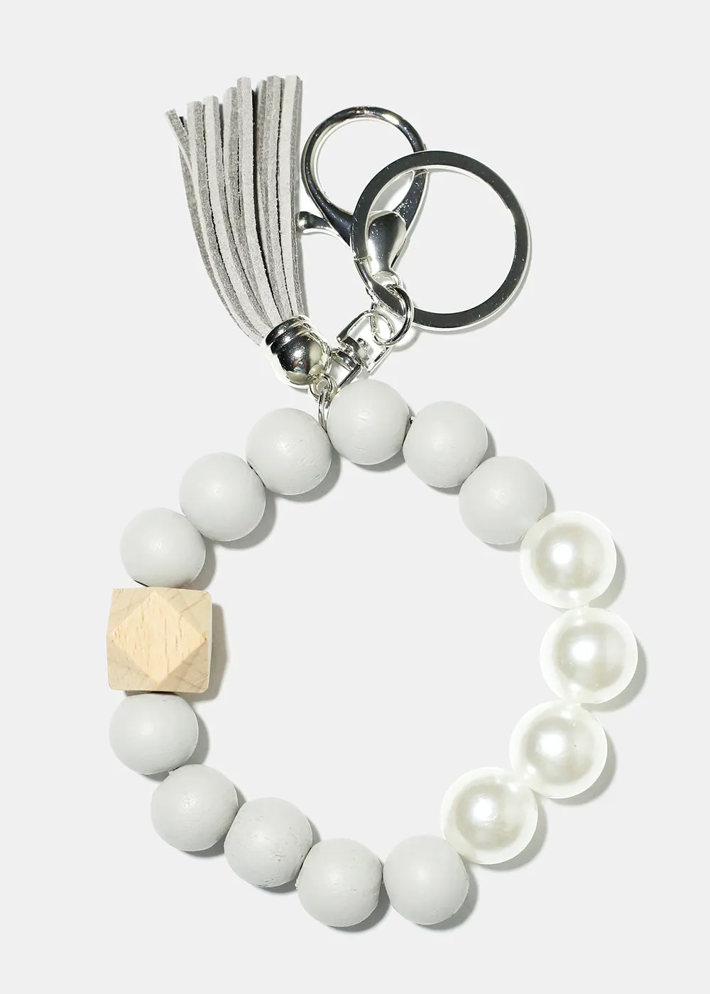 Bead and Pearl Wood Keychain Bracelet