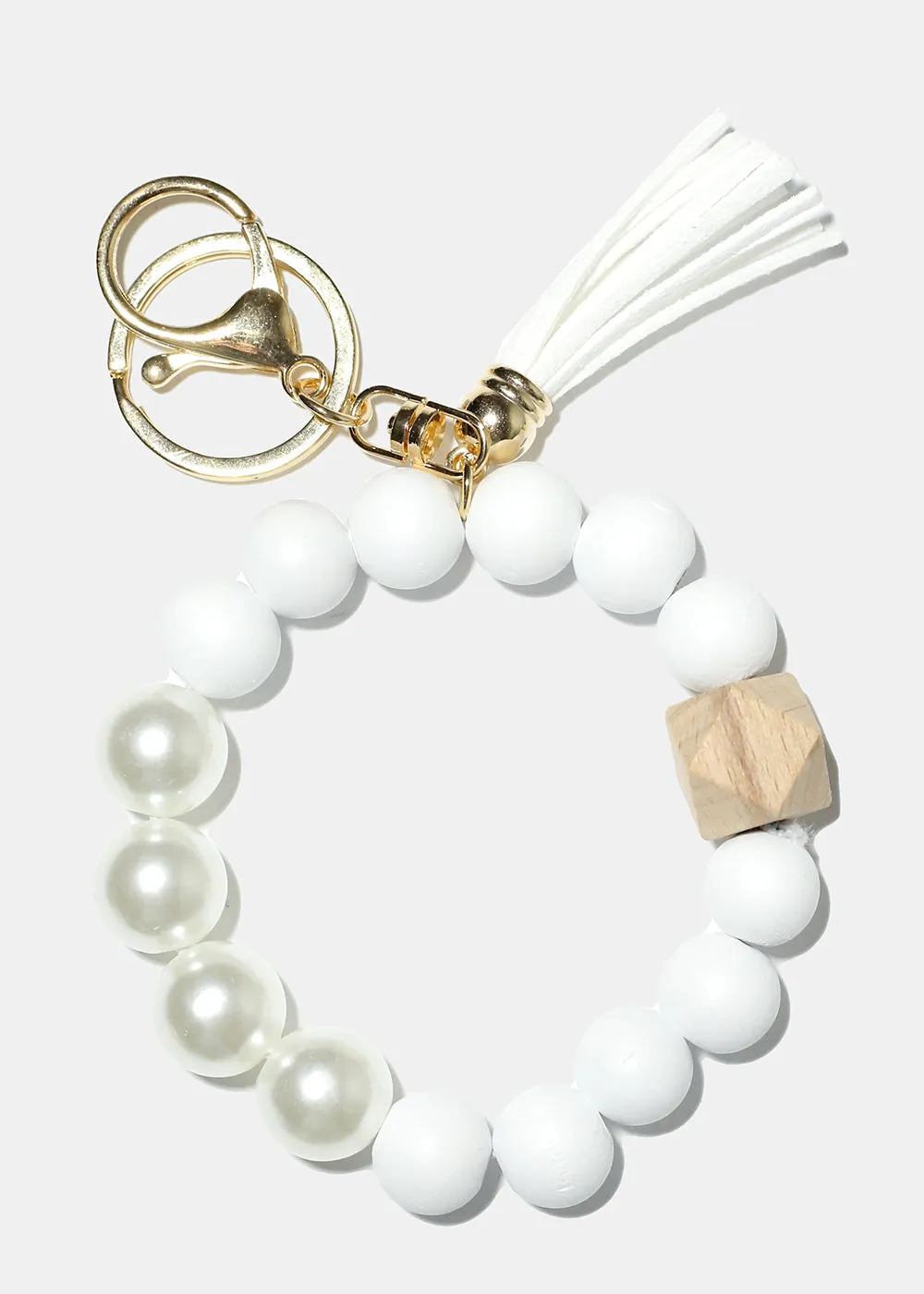 Bead and Pearl Wood Keychain Bracelet