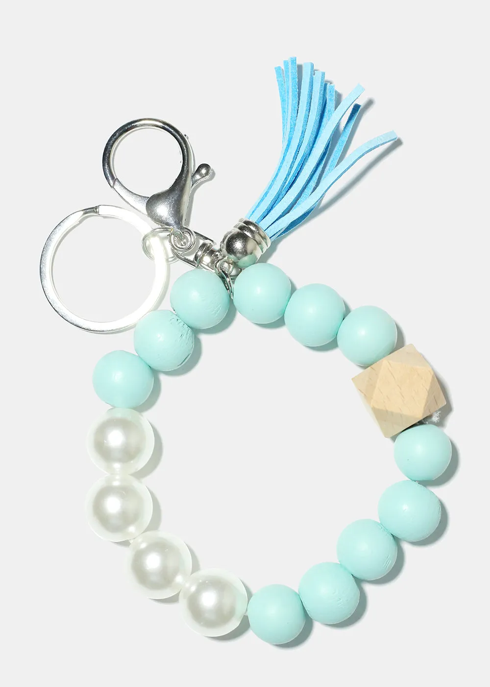 Bead and Pearl Wood Keychain Bracelet