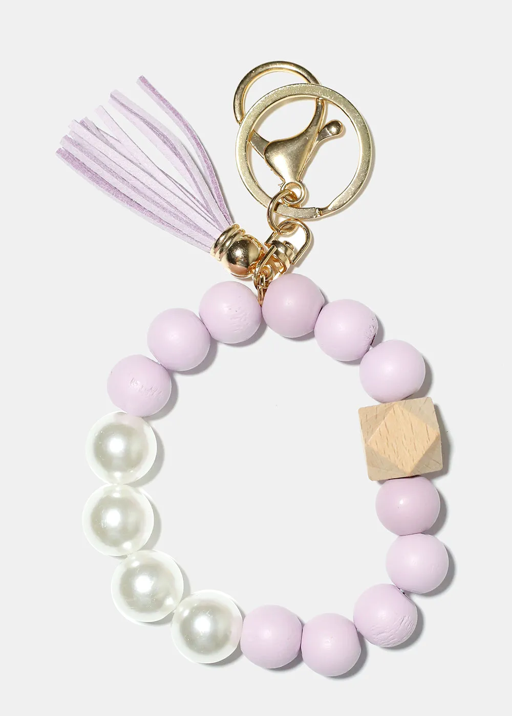 Bead and Pearl Wood Keychain Bracelet