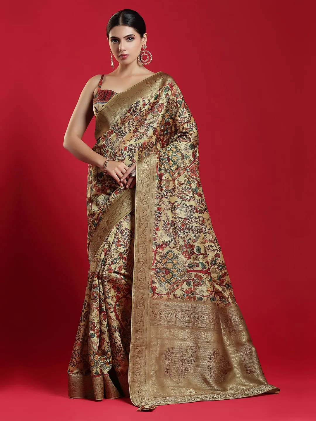 Beautiful Gold Saree with Aesthetics Flower Prints all over