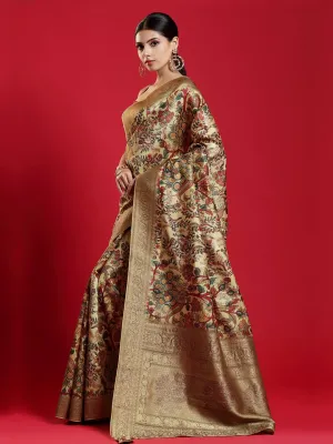 Beautiful Gold Saree with Aesthetics Flower Prints all over