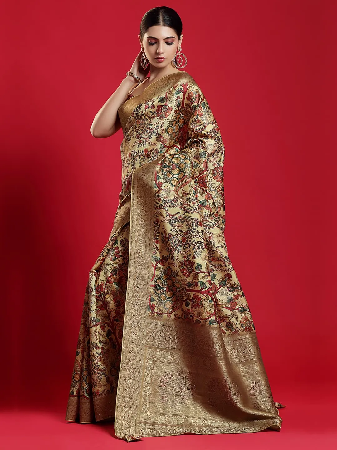 Beautiful Gold Saree with Aesthetics Flower Prints all over