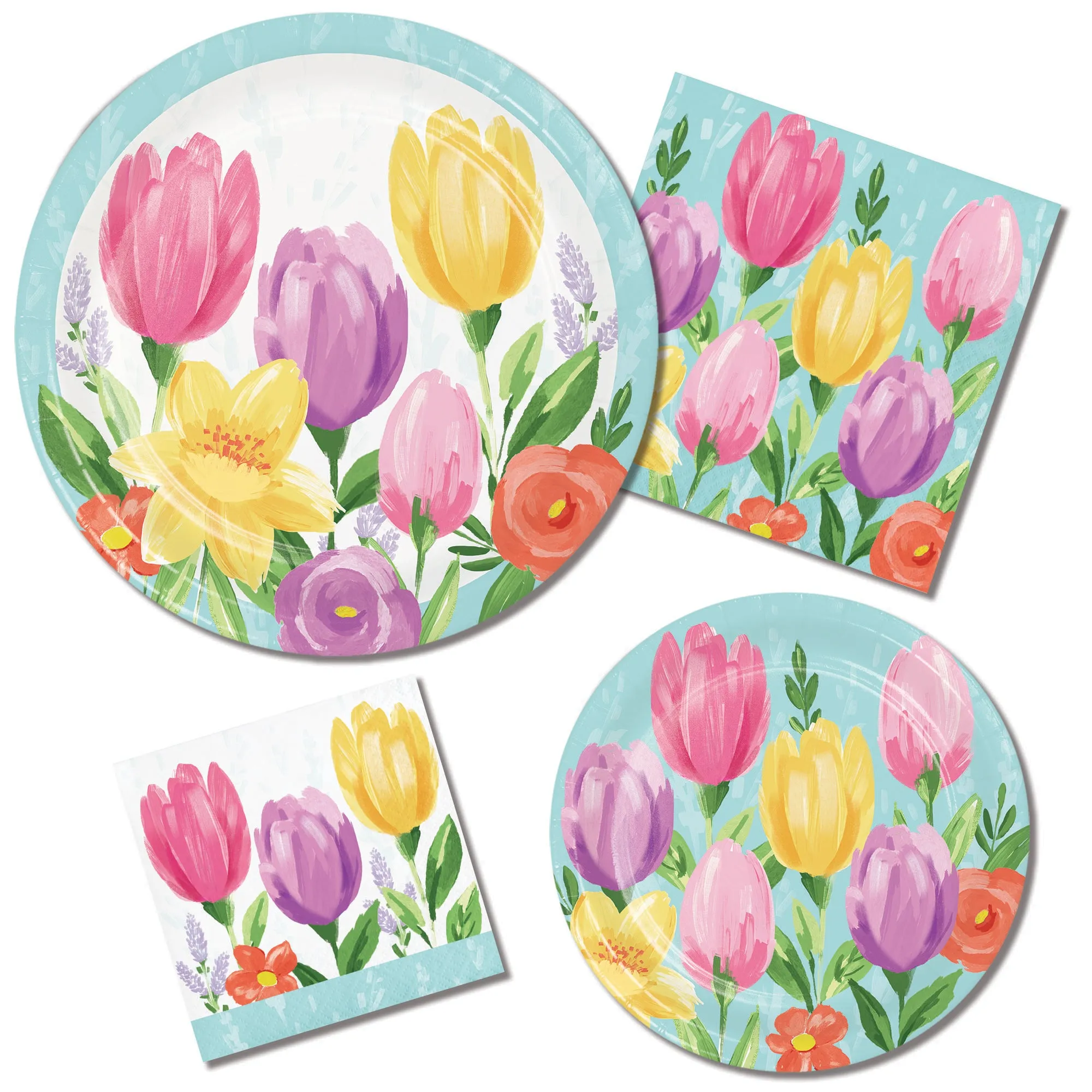 Blue Pastel Spring Tulip Blooms Floral Paper Dinner Plates, Lunch Napkins, and Forks