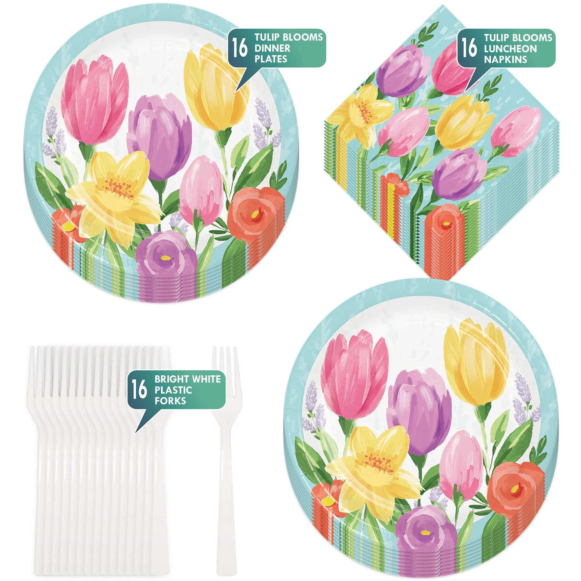 Blue Pastel Spring Tulip Blooms Floral Paper Dinner Plates, Lunch Napkins, and Forks