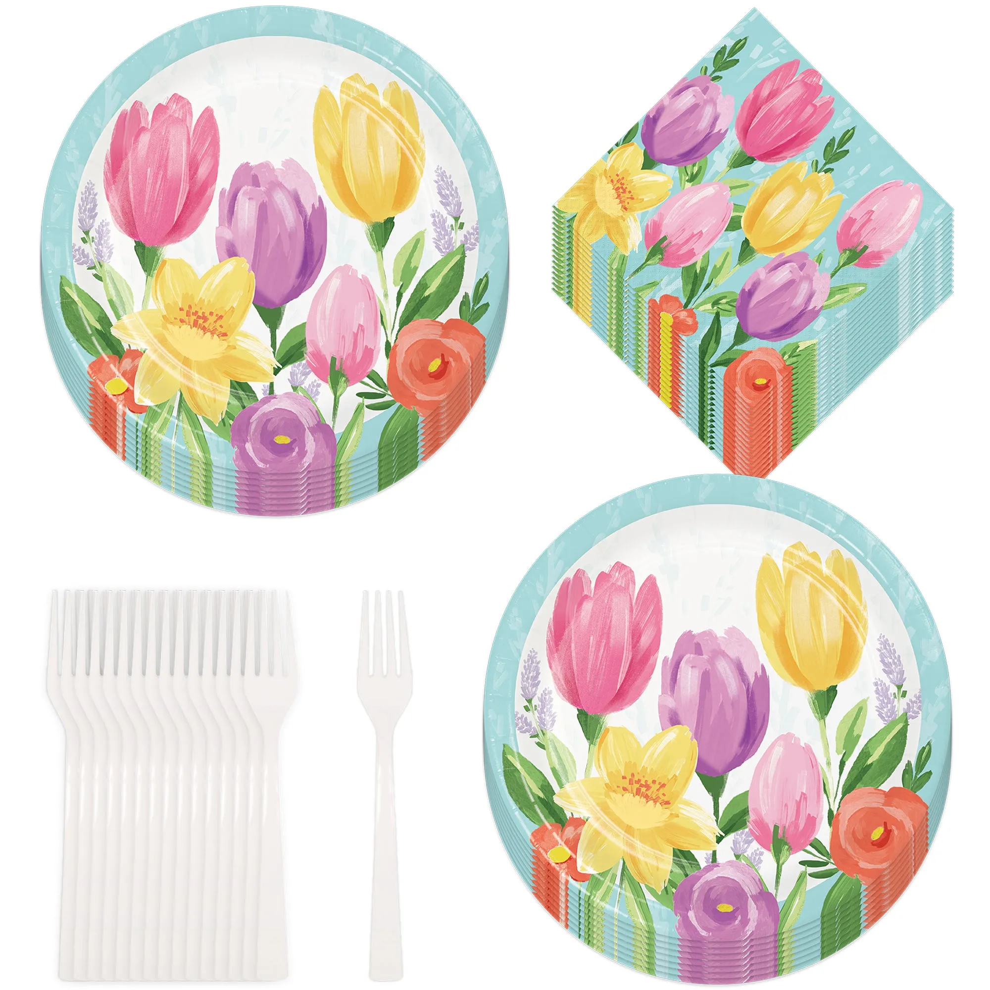 Blue Pastel Spring Tulip Blooms Floral Paper Dinner Plates, Lunch Napkins, and Forks