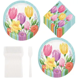 Blue Pastel Spring Tulip Blooms Floral Paper Dinner Plates, Lunch Napkins, and Forks