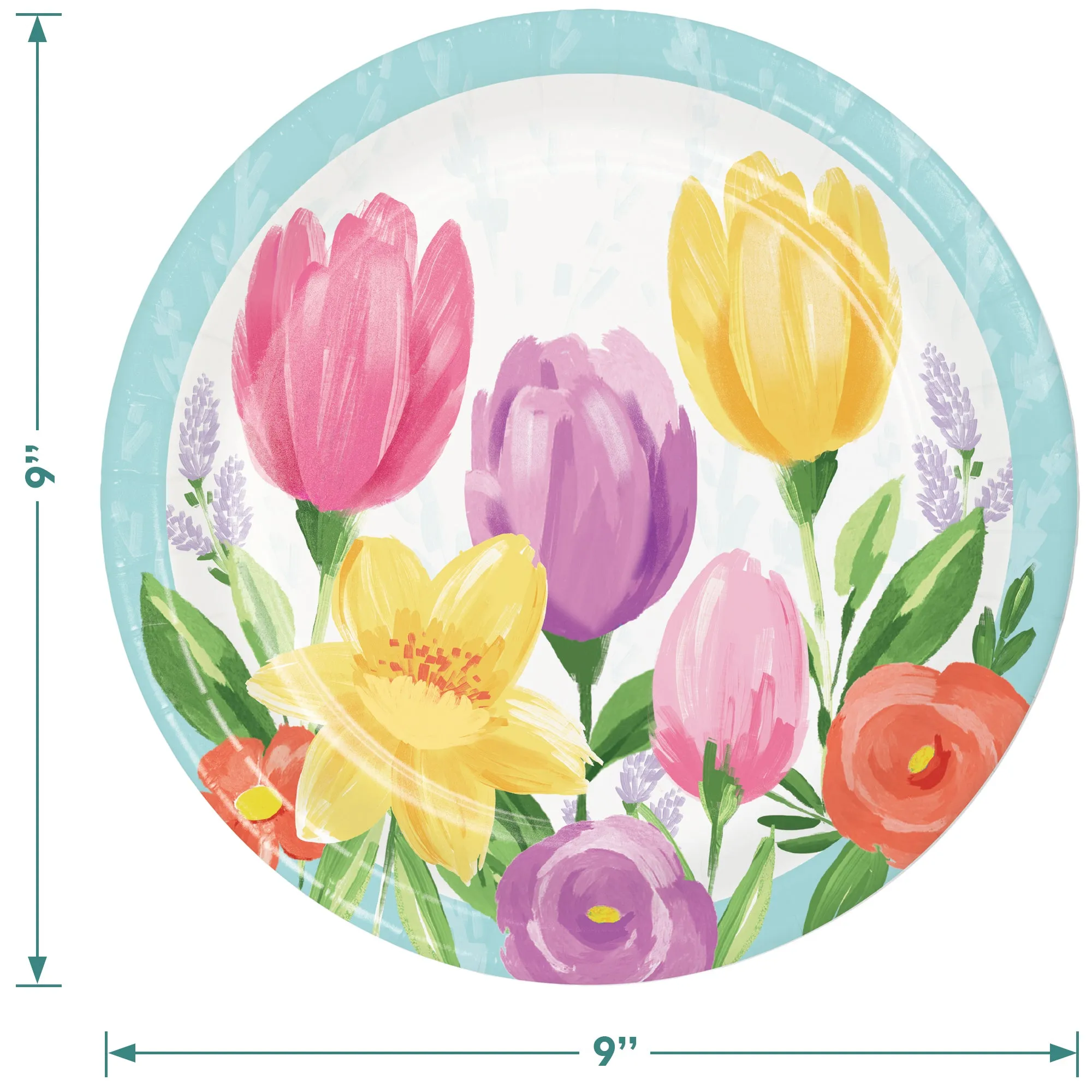 Blue Pastel Spring Tulip Blooms Floral Paper Dinner Plates, Lunch Napkins, and Forks