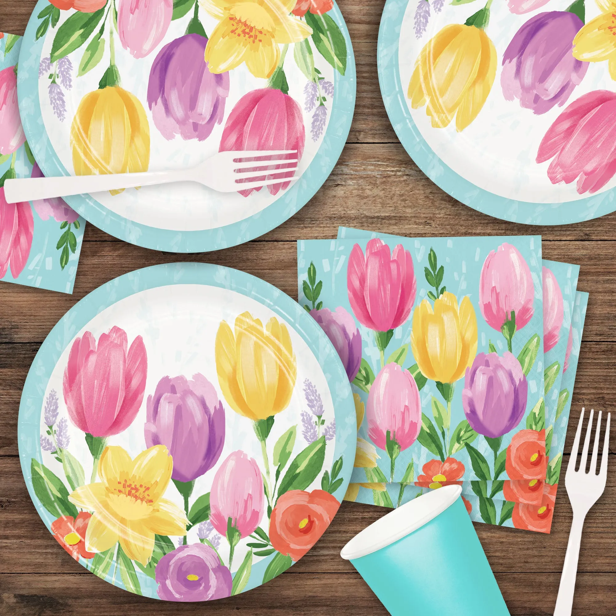 Blue Pastel Spring Tulip Blooms Floral Paper Dinner Plates, Lunch Napkins, and Forks