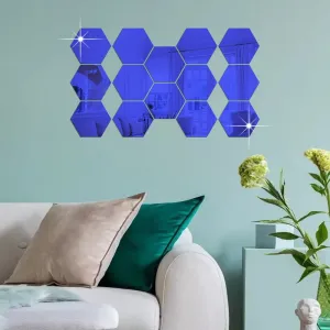 Bnezz -14 Hexagon Mirror Wall Stickers for Wall Size (10.5x12.1) Cm Acrylic Mirror for Wall Stickers for Bedroom | Bathroom | Kitchen | Living Room Decoration Items (Pack of -C-14HexaBlue) Blue