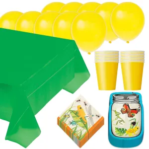 Bug and Insect Backyard Adventure Paper Dessert Plates, Beverage Napkins, Cups, Table Cover, and Balloon Set (Serves 16)