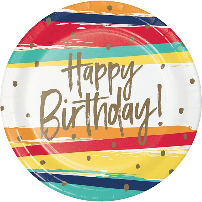 Bulk Happy Birthday Stripes Paper Dinner Plates (96 per Case)