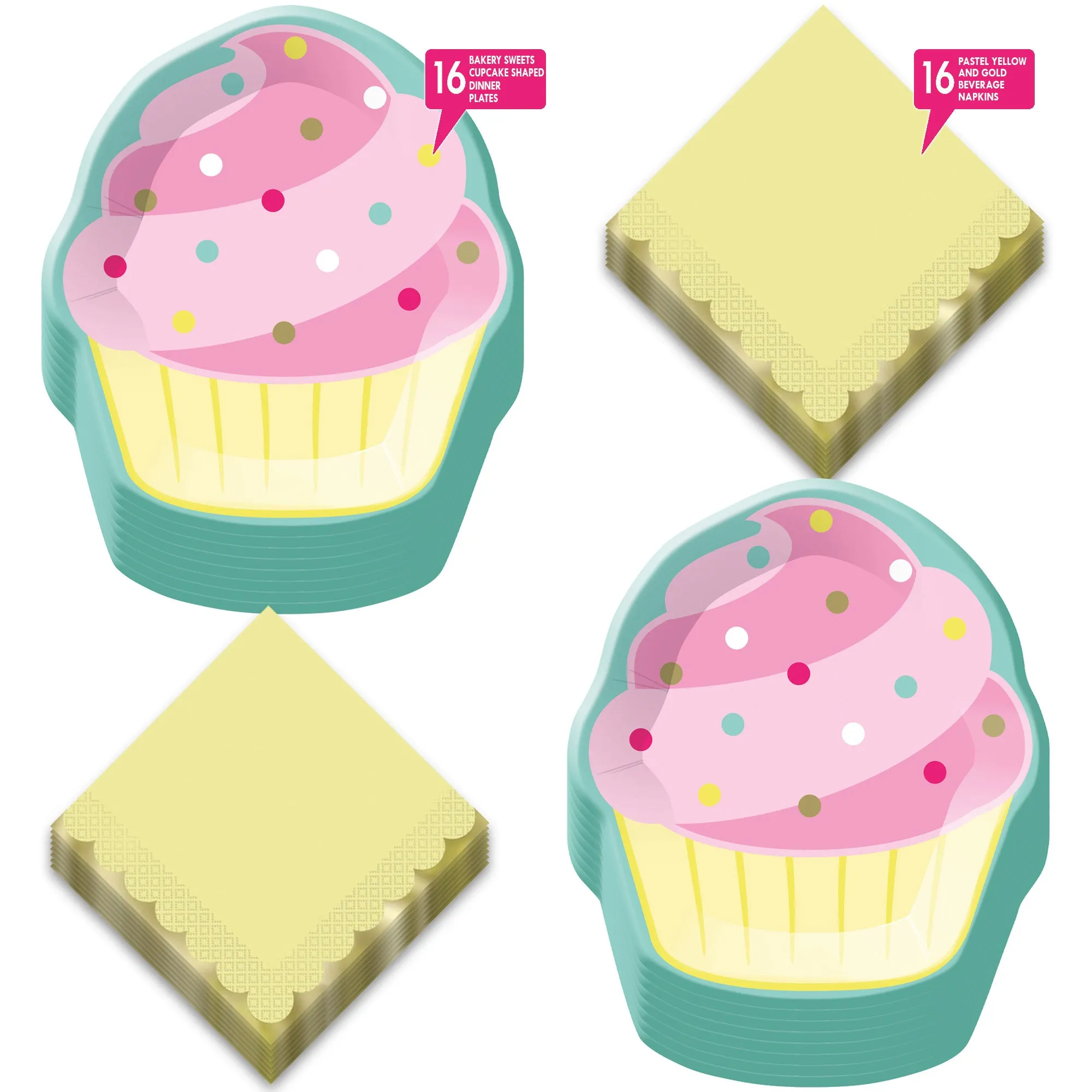 Candy & Cupcake Party Supplies - Sprinkle Cupcake Shaped Paper Plates & Napkins(Serves 16)