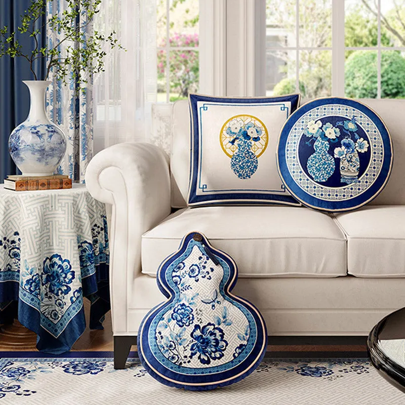 Chinese Classic Luxury Blue and White Cushion Series Double-Sided Printed Gourd/Round/Square Cushion Pillows Home Decor