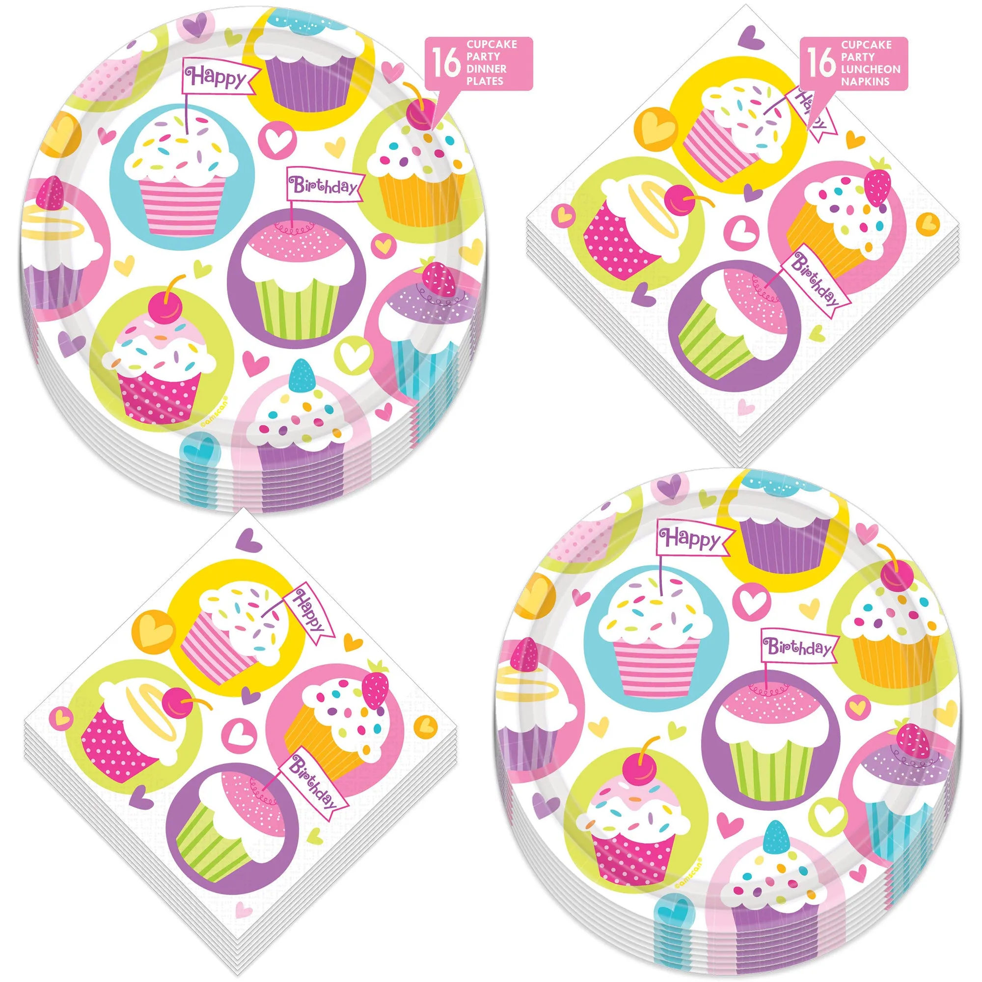 Cupcake Party Supplies - Sprinkle Cupcake Birthday Paper Plates and Napkins (Serves 16)