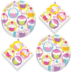 Cupcake Party Supplies - Sprinkle Cupcake Birthday Paper Plates and Napkins (Serves 16)