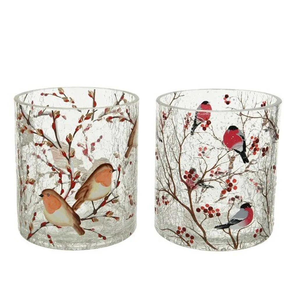 Decoris 10cm Hurricane Glass Crackle Bird Candle Holders (Choice of 2)