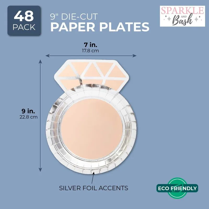 Diamond Ring Party Plates for Bridal Showers and Engagements (48 Pack)