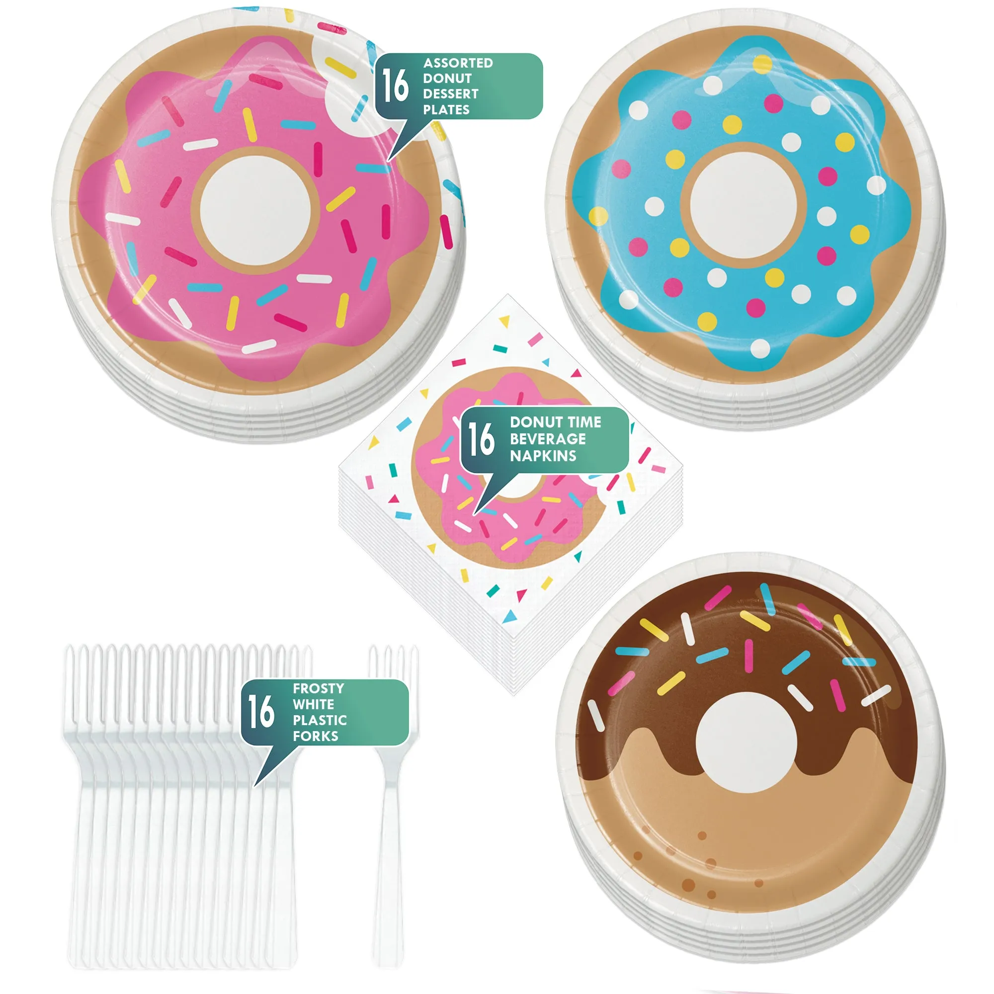 Donut Party Supplies - Assorted Donut Paper Dessert Plates, Sprinkles Beverage Napkins, and Forks (Serves 16)