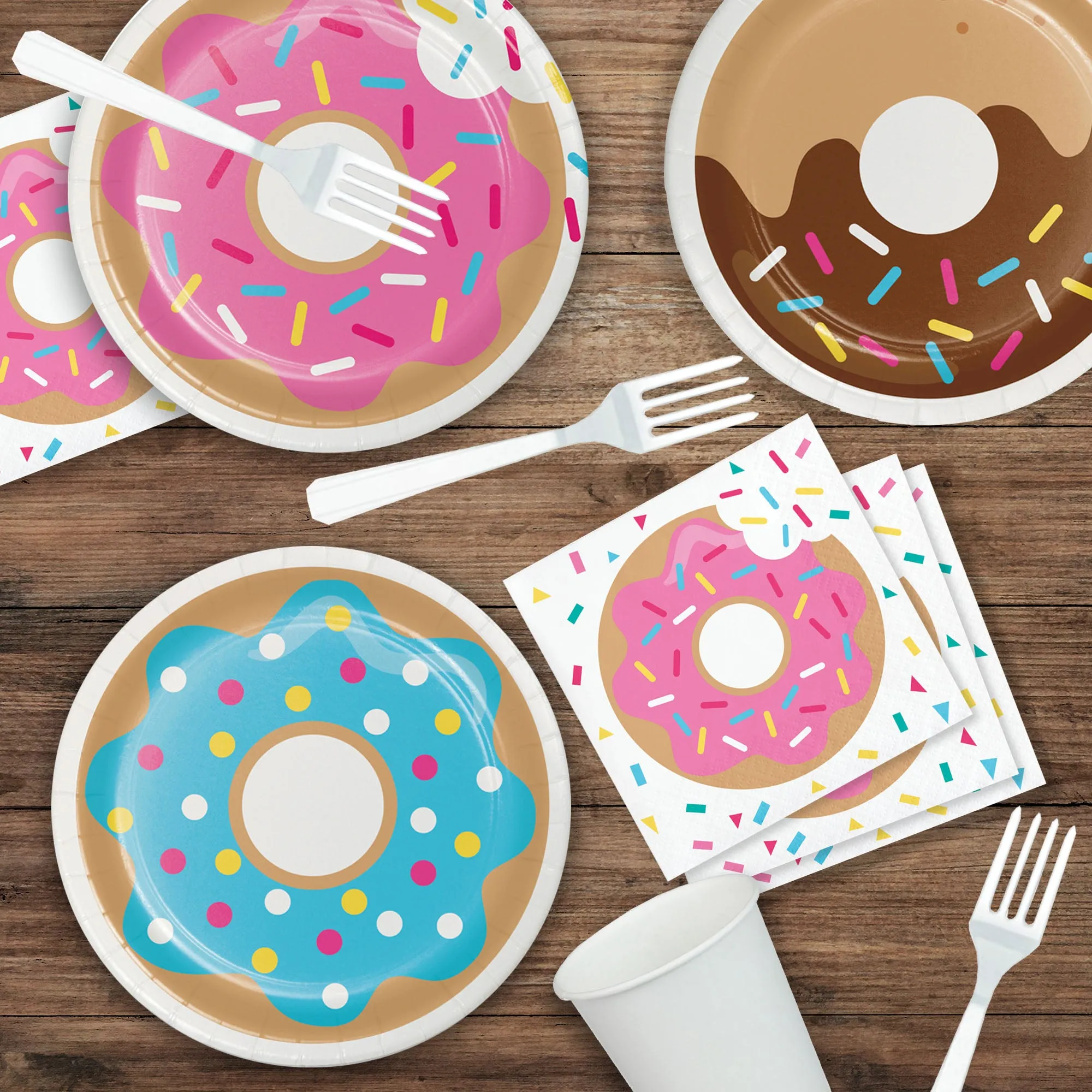 Donut Party Supplies - Assorted Donut Paper Dessert Plates, Sprinkles Beverage Napkins, and Forks (Serves 16)