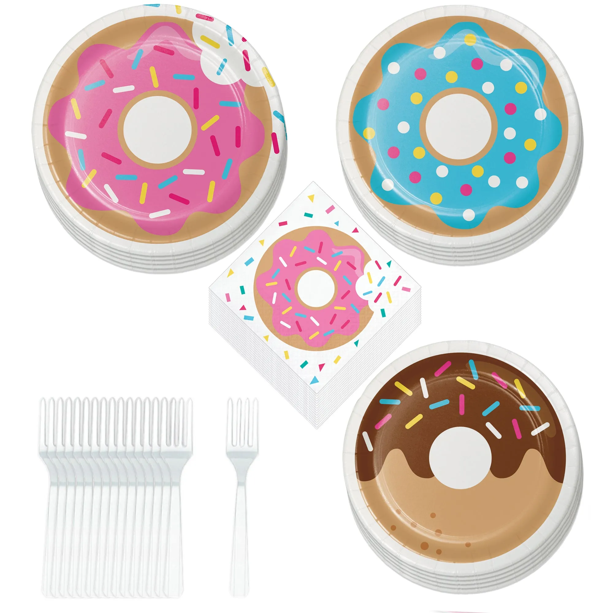 Donut Party Supplies - Assorted Donut Paper Dessert Plates, Sprinkles Beverage Napkins, and Forks (Serves 16)