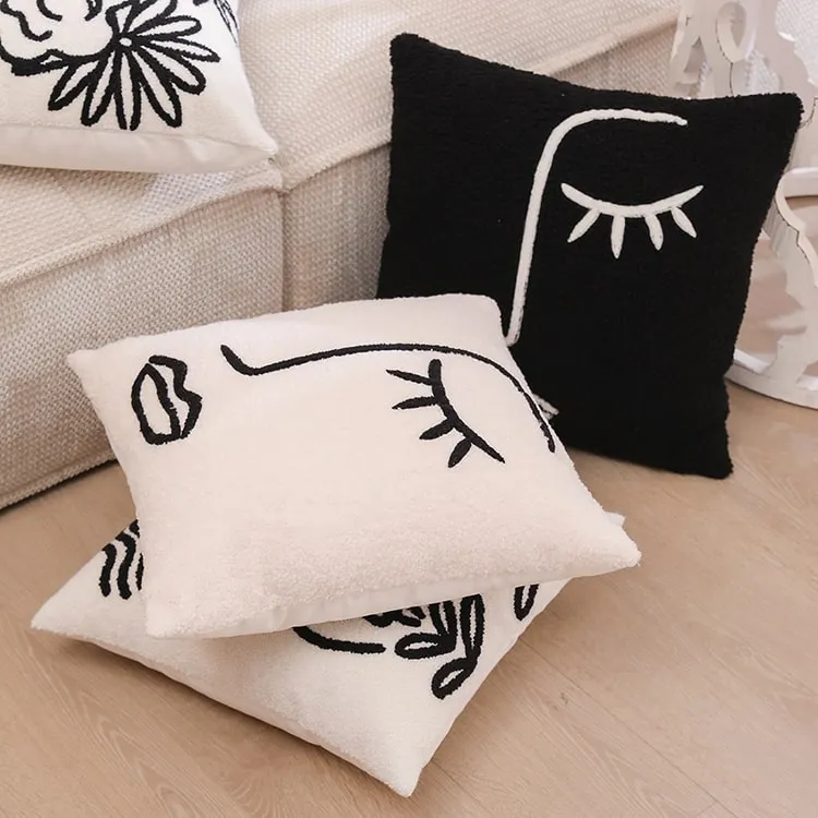 Embroidery Abstract Face Cushion | Off-White