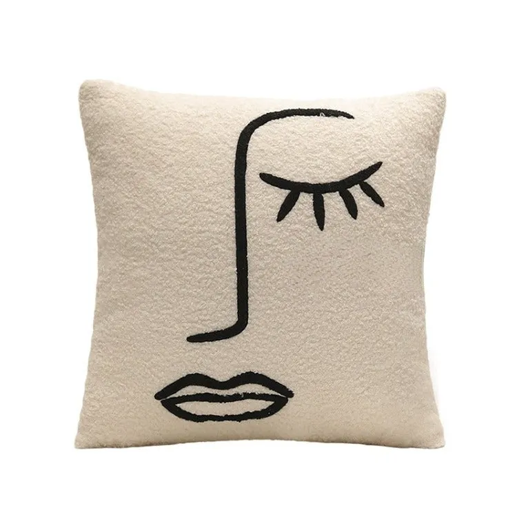 Embroidery Abstract Face Cushion | Off-White