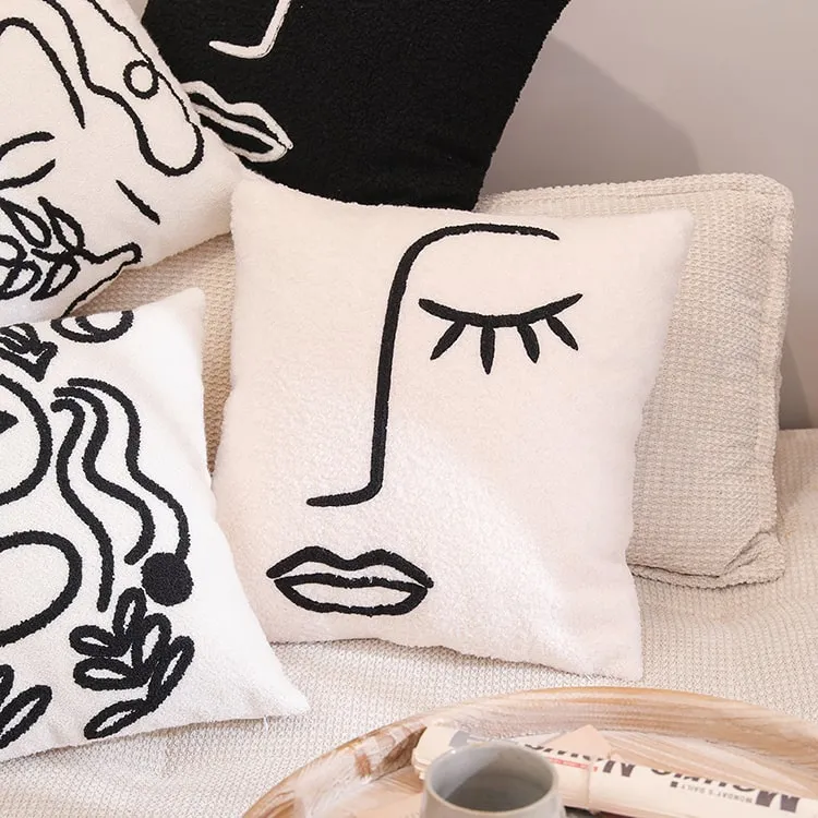 Embroidery Abstract Face Cushion | Off-White