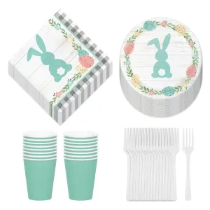 Farmhouse Easter Party Gray Plaid & Bunny Paper Dessert Plates, Luncheon Napkins, Cups, and Forks (Serves 16)