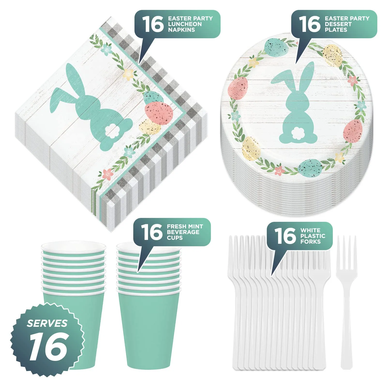 Farmhouse Easter Party Gray Plaid & Bunny Paper Dessert Plates, Luncheon Napkins, Cups, and Forks (Serves 16)